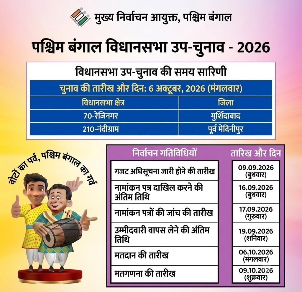 रेजिनगर और नंदीग्राम में उपचुनाव 6 अक्टूबर को